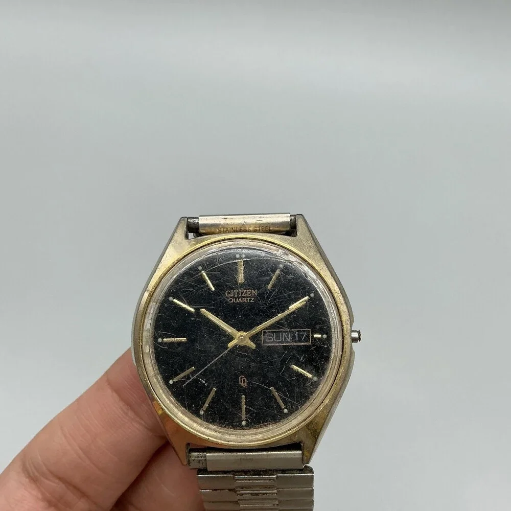 Vintage Citizen H100 Mens Watch 36mm Black Dial Day Date Missing Crown For Parts